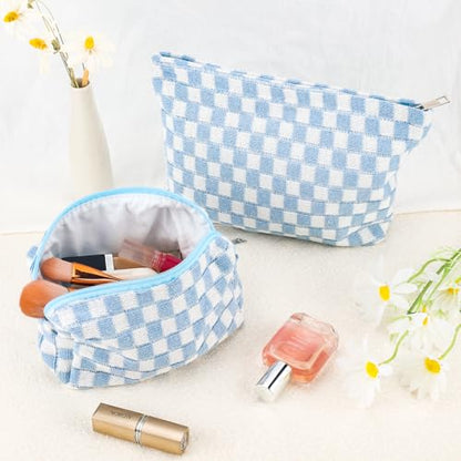 ZLFSRQ 2Pcs Checkered Makeup Bag for Women Large Small Checkered Cosmetic Bag Set Aesthetic Preppy Pencil Case Cute Pencil Pouch Blue Makeup Pouch for Purse Travel Toiletry Bags Zipper Skincare Bags - color: B-Checkered 2Pcs Mix Blue