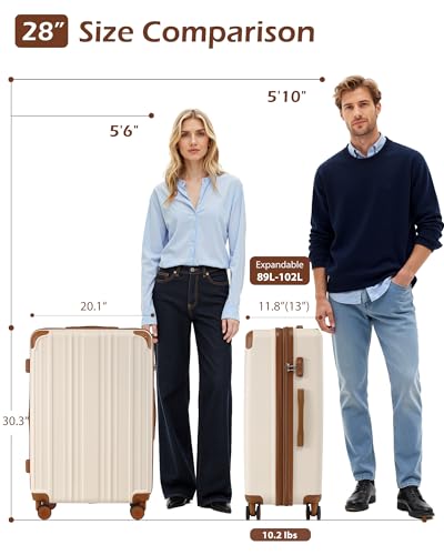 Coolife Luggage, Suitcase with Durable and Lightweight, Large Checked Luggage with ABS Hardshell Expandable, Dual Spinner Wheels, TSA Lock, and YKK Zipper(apricot white, L(28in)) - color: apricot white, size: L(28in)