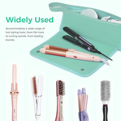 JKAOO Hair Tools Travel Bag and Heat Resistant Mat, 2 in 1 Portable Organizer Hair Travel Case for Curling Iron, Hair Straightener, Flat Irons, PU Hangable Handle, Neoprene (Blue-Green) - color: Blue-green