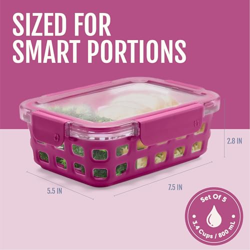 Ello Duraglass 3.4 Cup Meal Prep Sets 10Pc, 5 Pack Set- Glass Food Storage Container with Silicone Sleeve and Airtight BPA-Free Plastic Lids, Dishwasher, Microwave, and Freezer Safe, Evening Orchard - color: Evening Orchard