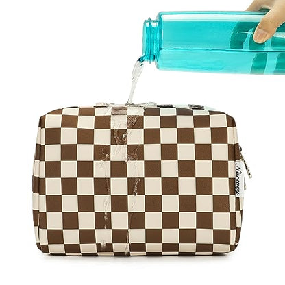 Narwey Checkered Makeup Bag Travel Cosmetic Bag Organizer Toiletry Bag Make Up Bags with Compartments for Women Girls (Large, Dark Checkerboard) - color: YB-Dark Checkerboard, style: Large