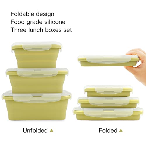 Collapsible Silicone Lunch Bento Box, Portable Food Storage Container Outdoor Picnic Box Space Saving, Microwave, Dishwasher and Freezer Safe, 3 Pcs Set (Green) - color: Green