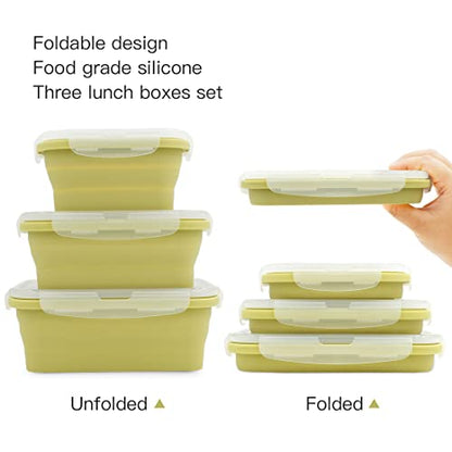 Collapsible Silicone Lunch Bento Box, Portable Food Storage Container Outdoor Picnic Box Space Saving, Microwave, Dishwasher and Freezer Safe, 3 Pcs Set (Green) - color: Green