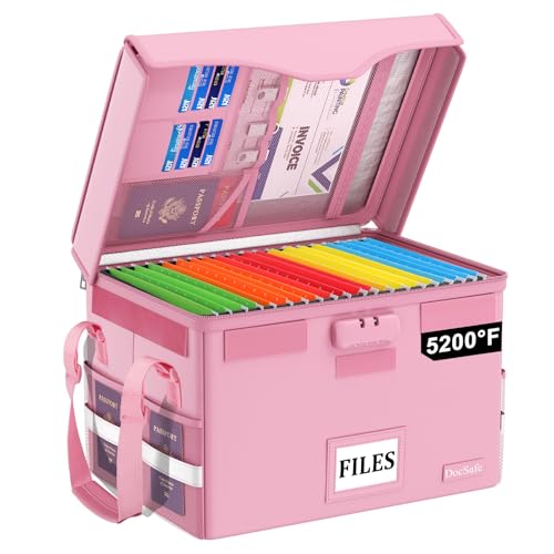 DocSafe 5200°F Fireproof Document Box with Lock,Heat Insulated File Organizer Storage with Pockets,Collapsible Portable Home Office File Safe Box with Handle for Hanging Letter/Legal Folders, Pink - color: Pink, size: 16.2" x 12.6" x 10.7", 1 pack