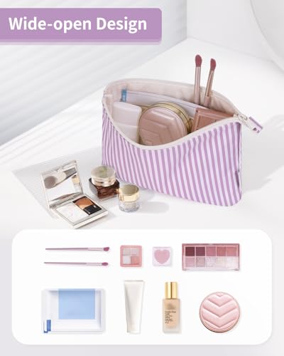 Narwey Small Striped Makeup Bag for Purse Travel Makeup Pouch Cosmetic Bag Zipper Pouch Bags for Women (Purple Stripe) - color: AC-Purple Stripe