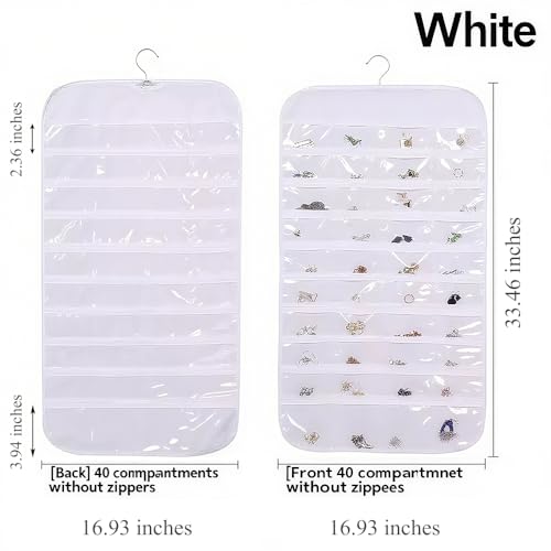 Hanging Jewelry Organizer Pockets Canvas Double Sided Rotating Hanger Necklace Hanging Wall Organizer Jewelry Roll for Earrings, Necklaces,Sunglasses,rings (80-Pocket WHITE) - color: White