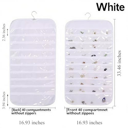 Hanging Jewelry Organizer Pockets Canvas Double Sided Rotating Hanger Necklace Hanging Wall Organizer Jewelry Roll for Earrings, Necklaces,Sunglasses,rings (80-Pocket WHITE) - color: White