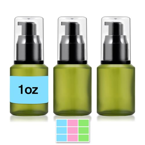 3PCS 30ML/1OZ Empty Green Frosted Glass Bottles with Pump Refillable Vial Cosmetic Dispenser Jars Storage Travel Lotion Container Portable Sample Bottle for Toiletries,Foundation,Cream,Gel,Lotion - color: Green, size: 1 Ounce