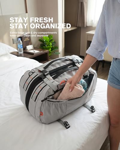 Tolaccea Travel Laptop Backpack for Men Women, 40L-50L Expandable Carry On Backpack with Wet Dry Compartment, TSA Approved Daypack Fits 16 Inch Laptop, Convertible Rucksack Duffel Bag for Work Travel - color: Light Gray