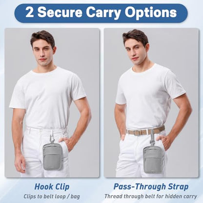 Hidden Travel Wallet Belt Wallet – Large Capacity Passport Holder & Hidden Money Pouch, 3-Zone Organizer Anti-Theft Waist Wallet with Dual Clip Belt & Carabiner - color: Grey