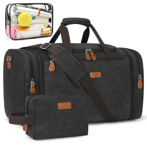TIBES Duffle Bags for Travel Expandable 50L Canvas Weekender Bag, Overnight Bag Travel Duffel Bag for Men Women Carry On for Travel Weekend Overnight Gym, Durable & Water-Resistant - color: 4-Dark Grey