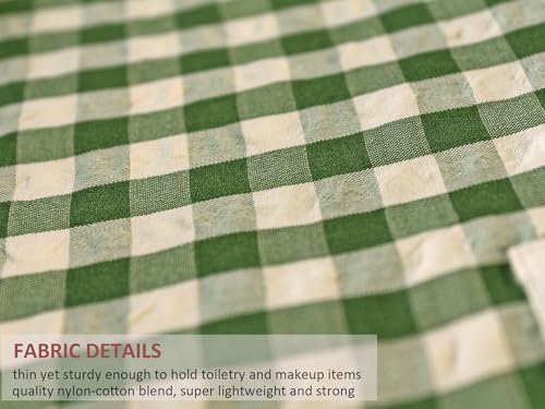 HAPPYHEIDI Large Cute Green Checker Makeup Bag with Compartment Cosmetic Travel Pouch, Nylon Fabric, Purse Organizer, Canvas Lined, Beige Plaid - color: 001 SX427 Green Gingham Canvas