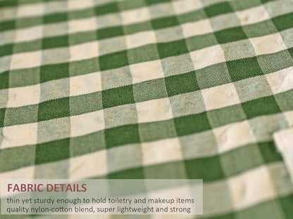 HAPPYHEIDI Large Cute Green Checker Makeup Bag with Compartment Cosmetic Travel Pouch, Nylon Fabric, Purse Organizer, Canvas Lined, Beige Plaid - color: 001 SX427 Green Gingham Canvas