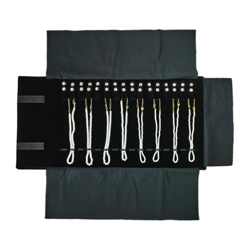 Velet Travel Jewelry Case Roll Bag Organizer for Necklace Bracelet Black Gray Velvet (Black with elastic) - color: Black with elastic