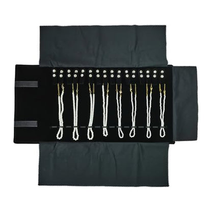 Velet Travel Jewelry Case Roll Bag Organizer for Necklace Bracelet Black Gray Velvet (Black with elastic) - color: Black with elastic