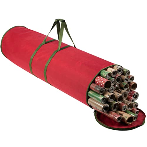 ZOBER Round Christmas Gift Wrapping Paper Organizer Storage - 40 Inch Gift Wrap Storage Containers - Wrapping Paper Holder, Waterproof, Fits 25 Standard Rolls - Red - color: Red and Green Fabric Round