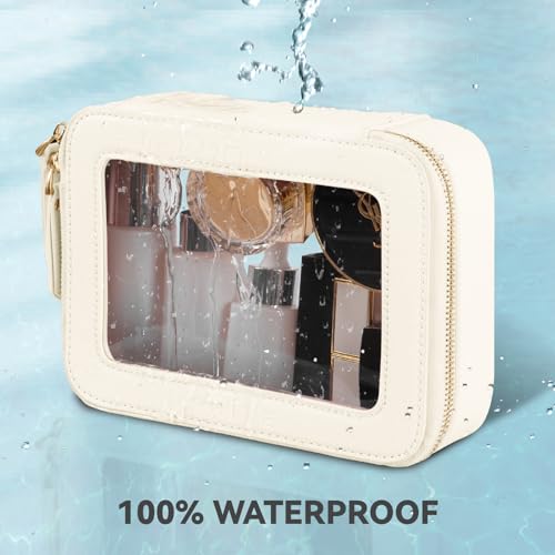 Prite Clear Makeup Bag Cosmetic Organizer Case Waterproof Travel Toiletry Bag Skincare Pouch with Golden Zipper(Beige) - color: Beige, size: Standard - Single Layer