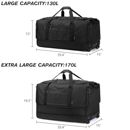 Laripwit Collapsible Duffle Bag with Wheels 130-170L Extra Large Expandable Travel Duffel Bag for Men Women Heavy Duty Military Duffle Bag for Camping Rolling Foldable Carry On Luggage, Black - color: Black