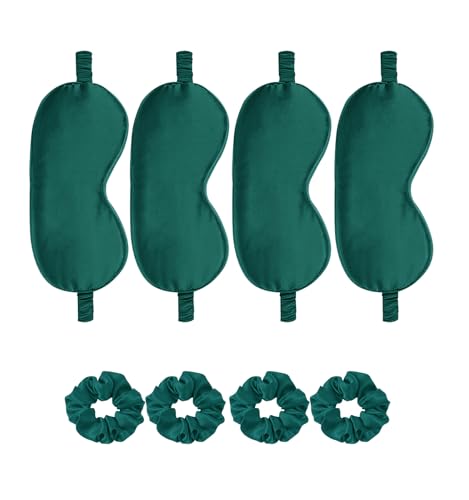 Satin Eye Mask 8Pcs Silk Sleep Masks Silky Blindfold Eyeshade Blackout Eyes Cover Scrunchies Hair Ties Travel Wedding Gifts - color: Peacock Green