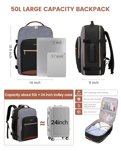 LOVEVOOK 50L Travel Backpack for Women & Men, Airline Approved Carry On Luggage with 3 Packing Cubes, TSA Overnight Bags, Waterproof Personal Item Bag, Weekender Essentials Backpacks fits 17" Laptop - color: Black-grey-brown, size: X-Large