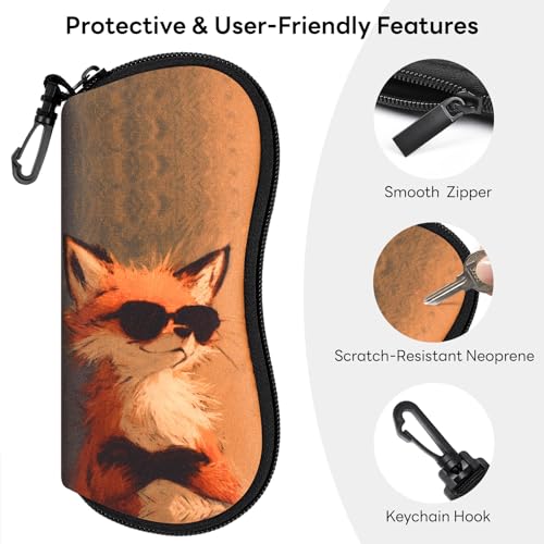Sunglasses Case with Belt Clip, Ultra Light Neoprene Zipper Soft Padded Glasses Case for Women Men - color: Fun Fox