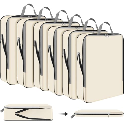 Hosuly 6 Pcs Large Ultralight Compression Packing Cubes for Travel 17.3 x 12.6'' XL Large Expandable Luggage Storage Organizers for Save Space Family Long Trips (Beige) - color: Beige, size: 17.3 x 12.6''
