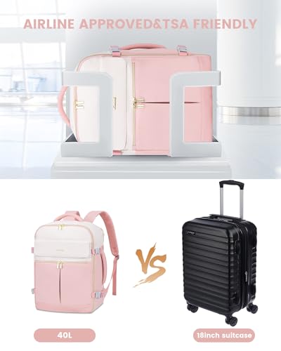 LOVEVOOK 40L Large Travel Backpack for Women, Flight Approved, Waterproof, TSA Compliant, Fits 17.3'' Laptop, 17 Pockets, 3 Packing Cubes - color: Beige-pink, size: 40L-17.3 Inch-4Pcs