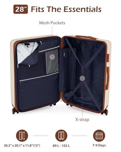 Coolife Luggage, Suitcase with Durable and Lightweight, Large Checked Luggage with ABS Hardshell Expandable, Dual Spinner Wheels, TSA Lock, and YKK Zipper(apricot white, L(28in)) - color: apricot white, size: L(28in)