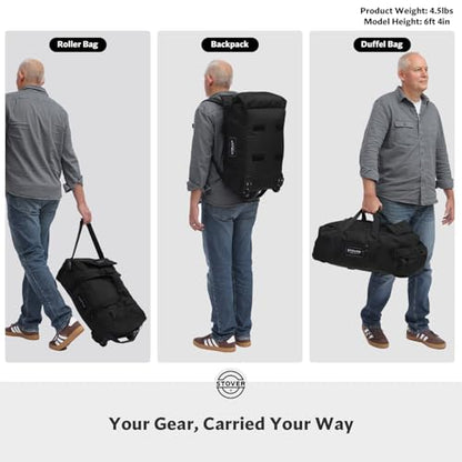 STOVER 45/80/100L Carry-On Rolling Duffel Bag with Wheels, Medium Durable Travel Duffle w/Toiletry Bag, Packable, Foldable with Shoulder Straps- Use as Luggage or Backpack, Men/Women (Black) - color: Black