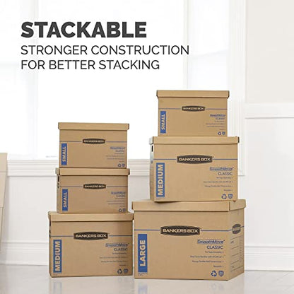 Bankers Box Small Classic Moving Box 20 Pack, Reinforced Handles, Tape-Free Assembly, Box with Lid, 15" x 12" x 10", Cardboard - size: 20 Pack