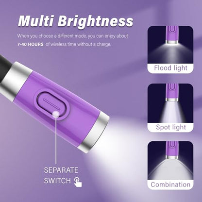 Vekkia Rechargeable LED Neck Reading Light, Book Lights for Reading in Bed, 3 Brightness Levels, Flexible Soft Silicone Arms Comfortable Wear, Long Lasting. Great for Readers, Craft & Knitting - color: Purple