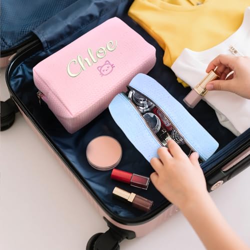 Personalized Cosmetic Bag Waffle Makeup Bag for Girls - Custom Travel Organizer Toiletry Bag with Embroidered Name - Personalized Bridesmaid gifts for Wedding - Gifts for Teen Girls Sister Friend