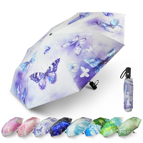 SY COMPACT Travel Umbrella - Windproof Automatic Compact Umbrella for Rain, Lightest 8-Rib, Small, Strong & Portable, Durable Grip, Fits Backpack & Car, Factory Direct (UV Available) - color: Purple Butterfly