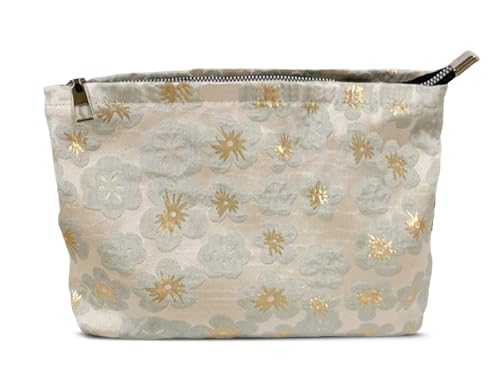 HAPPYHEIDI Aesthetic Floral Makeup Bag Cosmetic Travel Zipper Pouch,Purse Make Up Organizer, Textured Fabric,Canvas Lined,Beige Golden,Large - color: Classic Vintage Golden Large