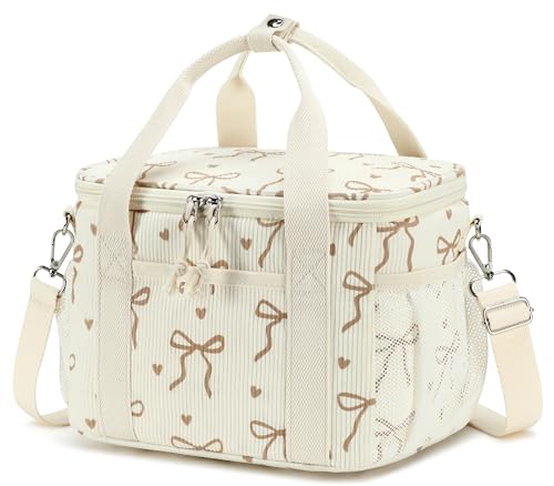 LOIDOU Lunch Box for Women Men Insulated Corduroy Lunch Bag Cooler Leakproof Reusable Adult Lunchbox Adjustable Strap lunch tote for Work Office Beach Picnic (Beige Bow Brown) - color: Beige Bow Brown
