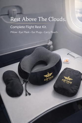 Travel Pillow for Airplane & Long Flights – Memory Foam Neck Support with Chin Support Design, Washable Cover, Eye Mask & Ear Plugs, Compact Carry Bag