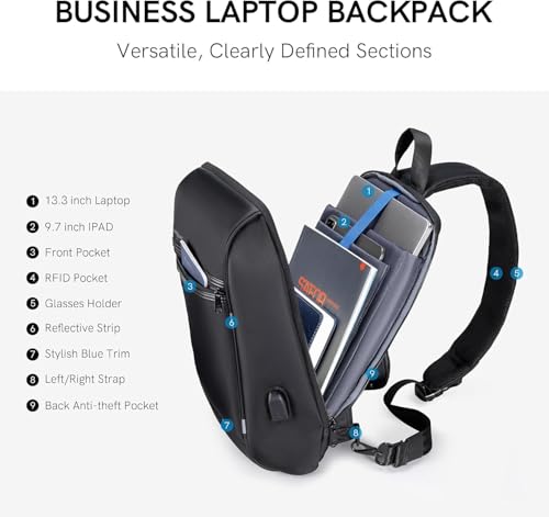 Kingsons Laptop Sling Backpack Anti Theft Bag,Hiking Daypack 13 Inch Waterproof Nylon Travel Bags for Men, Single Shoulder Camping Dayback with USB Charging Port for Traveling - color: Ks3165g