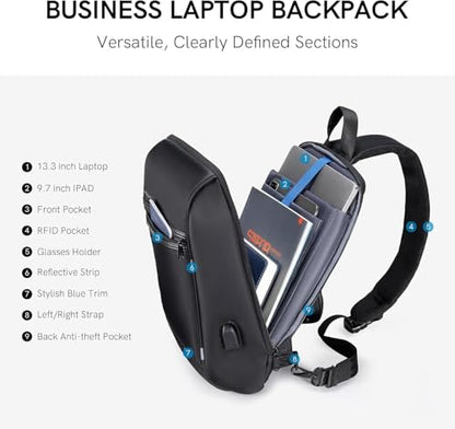 Kingsons Laptop Sling Backpack Anti Theft Bag,Hiking Daypack 13 Inch Waterproof Nylon Travel Bags for Men, Single Shoulder Camping Dayback with USB Charging Port for Traveling - color: Ks3165g