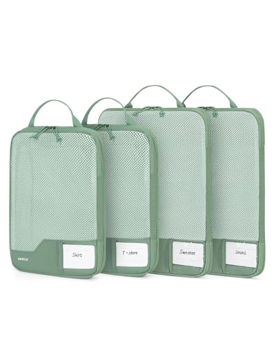 ECOHUB 4 Set Compression Packing Cubes for Travel Essentials, Suitcases Organizer Bags with Tag, Travel Bags Organizer for Luggage, Green-Compress - color: Green-Compress