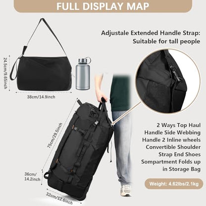 86L Collapsible Wheeled Luggage With Removable Backpack Straps,Waterproof Rolling Duffle Bag with Quilted Base (Black)