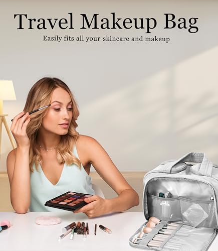 Travel Toiletry Bag for Women, Large Wide-open Puffy Cosmetic Makeup Bag with Wet-Dry Separation, Multi-Pocket Organizer with Carry Handle for Toiletries, Cosmetics, Essentials, Light Grey - color: Light Grey