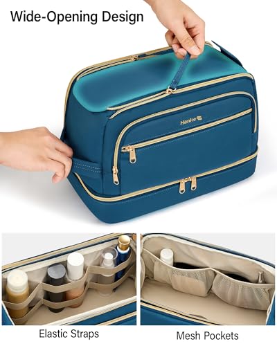 Hanke Travel Toiletry Bag, Lightweight Wide-open Makeup Bag, Dual-Layer Travel Bag for Toiletries Water-Resistant Cosmetic Bags Large Toiletry Bags for Women & Men, Travel Essentials, Navy Blue - color: Navy Blue