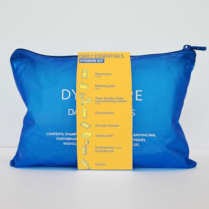 Dynarex DynaCare Daily Hygiene Kit - Travel Essentials Toiletry Bag - Includes TSA Approved Shampoo, Toothbrush Set, Razor and More - Blue, 1 Kit (10-Pieces) - size: 7" x 10"