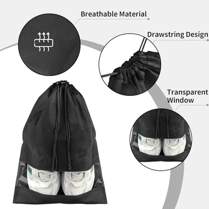 Large Black Travel Shoe Bags - 10 Pcs with Clear Window, Non-Woven Drawstring, 12.6" X 17.3" for Men Women - color: Black, style: 10 Pack