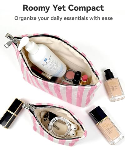 2 Pcs Makeup Bag Set, Women Gifts, Travel Cosmetic Bags, Canvas Make up Bag for Purse, Pink Striped Makeup Pouch with Zipper Lining, Cosmetic Storage Car Organizer, Portable Large & Small Toiletry - style: Striped Pink Canvas