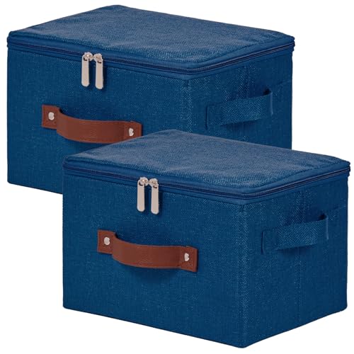 2 Pack Storage Bins with Zipper Lid Cotton Linen Fabric Lidded Storage Baskets Boxes Foldable Washable Closet Shelf Clothes Organizer Container with PU Leather Handles (Deep Blue, Small) - color: Deep Blue, size: Small ( Set of 2 )