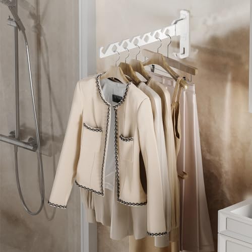 Dr.DJ Wall Mount Coat Hanger Holder White Clothes Drying Organizer Rack Garment Hooks Aluminium Retractable Folding Indoor Wall Mounted Hanger Space Saver for Laundry Room Bedroom White 2Pack - color: White 2Racks