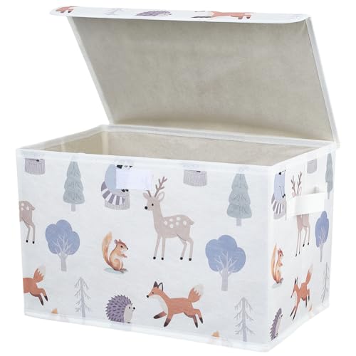 Woodland Storage Bin Fabric Storage Bins Animal Decorative Print Collapsible Organizer Boxes with Lids and Carrying Handle Cute Rectangle Folding Containers for Home Bedroom Closet Shelves - color: Woodland Animal