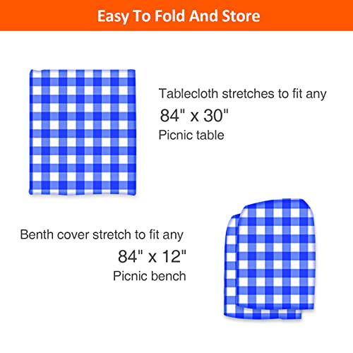 7ft Picnic Table and Bench Cover, Camping Essentials RV Gear, 84 in Waterproof Windproof Outdoor Elastic All Around Tablecloth, Fitted Rectangle Tables and Seats, Blue-White Checkered - color: Blue-white Checkered, size: 84"