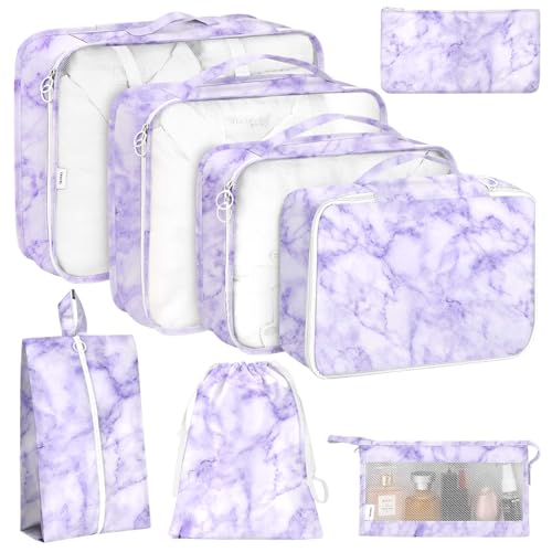 8 Set Packing Cubes for Travel, Luggage Packing Organizers Accessories Large Toiletries Bag for Clothes Shoes Cosmetics (8Set-Purple Marble) - color: 8Set-Purple Marble